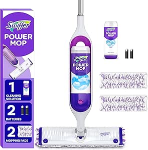 کیت تمیز کردن کف چند سطحی Swiffer PowerMop برای تمیز کردن کف، بوی تازه، کیت موپینگ شامل PowerMop، 2 عدد پد پاک کن، 1 محلول تمیزکننده کف با رایحه تازه و 2 باتری