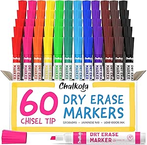 مارکرهای پاک کن خشک چالکولا فله (بسته 60، 12 رنگ پر جنب و جوش) | نشانگرهای تخته سفید حفاری، قلم های پاک کن خشک – قلم های تخته سفید برای کودکان، معلمان – خانه، دفتر، لوازم کلاس درس