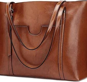 کیف زنانه S-ZONE چرم اصل دسته بالا دستی کار روزانه کیف شانه ای با ظرفیت بزرگ، قهوه ای تیره