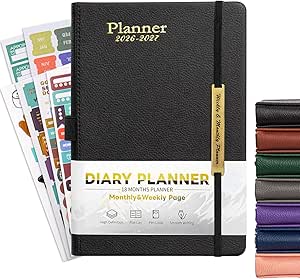 برنامه ریز چرم 2026-2027، برنامه ریز 18 ماهه هفتگی و ماهانه (ژانویه 2026-ژوئن 2027) معلم، دانش آموز و سازمان دهنده حرفه ای با دستور کار روزانه، تقویم سالانه-سیاه