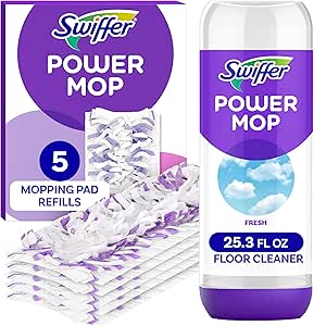 پک دوباره پرکننده چند سطحی Swiffer PowerMop برای تمیز کردن کف، بسته شامل 5 عدد پد پاک کن، 1 محلول تمیزکننده کف با رایحه اسطوخودوس