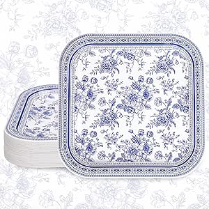 24 عدد بشقاب کاغذی گلدار سفید آبی شینیون ظروف یکبار مصرف گل 9 اینچی ظروف میز جشن تولد عروسی لوازم تزیین میز بهار تابستانی