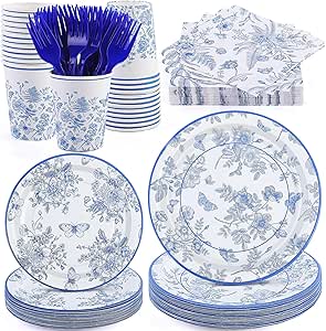 durony 144 عدد ست ظروف یکبار مصرف گل آبی و سفید 9 اینچی بشقاب های کاغذی گلدار زیبا فنجان های آبی گلدار دستمال سفره و چنگال 24 عدد برای لوازم جشن تولد نوزاد