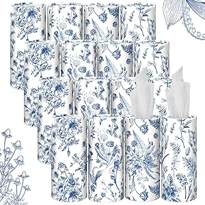 Zonon 16 Pcs Vintage گلدار دستمال کاغذی جعبه نگهدارنده ماشین با دستمال کاغذی صورت فله لوله سفری گل آبی برای ماشین با 50 برگ استوانه حوله صورت مناسب برای جا لیوانی ظرف گرد