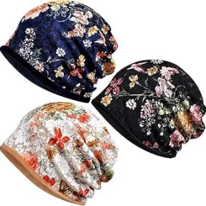 کلاه SYOSI 3Pcs Slouchy Beanie Chemo برای زنان طرح توری گلدار کلاه عمامه نرم کشدار سرپوش راحت برای بیماران سرطانی و ریزش مو، داخل خز روباه نقره ای گرم است