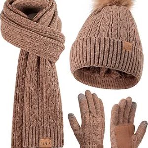 ست دستکش زنانه روسری کلاه Beanie زمستانی، دستکش‌های لمسی گرمتر یقه‌دار با آستر پوم پوم Beanie Beanie 3 در 1 هدیه