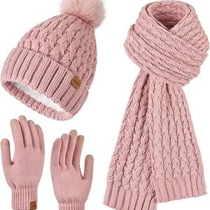 ست شال گردن بلند و دستکش های لمسی کلاه زنانه گرم زمستانی زنانه با کلاه های جمجمه پوم با آستر پشمی برای زنان