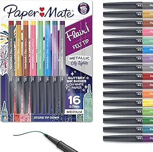 قلم های کاغذی Mate، قلم های نمدی فلزی، چراغ های شهری، جوهر درخشان بر روی کاغذ سفید می درخشد، رنگ های متنوع، 16 عدد