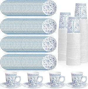 لوازم مهمانی ظروف یکبار مصرف گلدار Rtteri 200 عدد، بشقاب دسر گل آبی/صورتی و سفید، لیوان کاغذی گلدار 9 اونس برای تولد، عروسی، دوش کودک، تزیینات مهمانی چای بهاری (آبی)