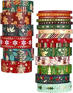 نوار 21 رول کریسمس فویل طلایی نوار واشی، نوارهای واشی کریسمس درخت کریسمس دانه‌های برف بابا نوئل نوار نان زنجفیلی مرد برای ژورنال کتاب‌خوانی کریسمس بسته‌بندی هدایای دست‌دستی