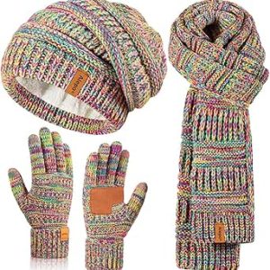 ست دستکش زنانه روسری کلاه Beanie زمستانی، ست دستکش لمسی روسری بافتنی بلند با آستر پشمی، ست هدیه کریسمس مد روز گرم 3 در 1 برای هوای سرد-02