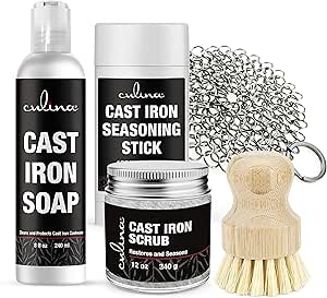 چوب چاشنی چدن کولینا و صابون و اسکراب ترمیم کننده و اسکرابر و برس ضد زنگ| تمام مواد طبیعی | بهترین برای تمیز کردن، پخت و پز نچسب و ترمیم | برای ظروف چدنی، ماهیتابه