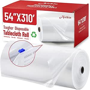 رومیزی رومیزی پلاستیکی، 310 فوت X 54 در رومیزی رومیزی یکبار مصرف با کاترهای کشویی، رومیزی پلاستیکی شفاف ممتاز برای پیک نیک، مهمانی، تولد، عروسی، عروسی