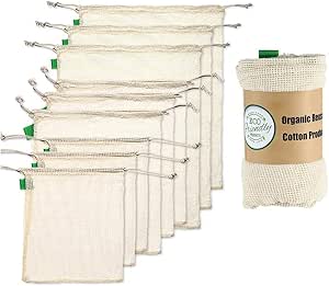 کیسه های تولید پنبه ارگانیک قابل استفاده مجدد CANDeal – مجموعه 9 کیسه توری پنبه ای قابل بازیافت با وزن بند کشی قابل تجزیه زیست محیطی سازگار با محیط زیست خالص صفر کیسه ذخیره سازی فله ای برای میوه، سبزیجات، اسباب بازی