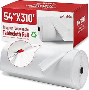 رومیزی پلاستیکی، 310 فوت X 54 در رومیزی یکبار مصرف مستطیل پارچه رومیزی سفید با هر برش برش کشویی رول رومیزی براق ممتاز برای پیک نیک، مهمانی، تولد، عروسی