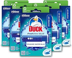 Duck Fresh Discs آبی، کیت شروع پاک کننده توالت، ژل کاسه توالت ضدعفونی کننده و رسوب زدایی، میکروب ها و باکتری ها را از بین می برد، رنگ آبی آبی، بسته 5 عددی (5 x 36 میلی لیتر)