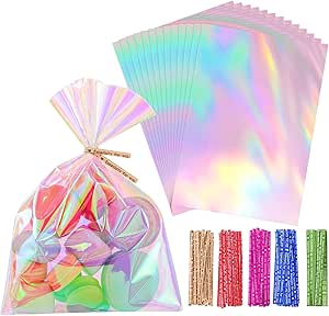 کیسه های سلفون رنگین کمانی KASTWAVE، 150 عدد کیسه های هولوگرافیک 4 اینچی x 6 اینچی با کراوات، مواد OPP بادوام کیسه های گودی برای آب نبات شیرینی کوکی ها نوزاد دوش عروسی هدایای جشن تولد کریسمس