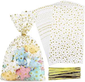 کیسه های آب نبات کیف های گودی 100 عدد کیسه های پلاستیکی پاکتی کیسه های مهمانی کیسه های سلفونی با کراوات پیچ خورده برای نانوایی، تولد، عروسی، مهمانی (طلا، 12.5 * 27 سانتی متر)
