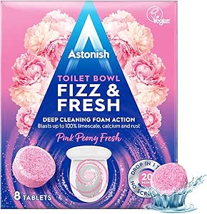 کاسه توالت Astonish Fizz & Fresh Cleaning Tabs – Peony – Deep Cleaning Foam Action – رسوبات آهک، کلسیم و زنگ زدگی را از بین می برد – بدون تمیز کردن – وگان – Cruelty Free – 8 قرص