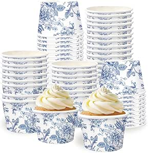 50 عدد فنجان اسنک گلدار آبی کاسه های یکبار مصرف گل چینی 9 اونس کاسه های کاغذی خوراکی دسر برای لوازم جشن تولد عروسی سرد و داغ