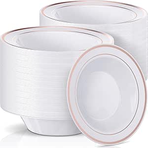 کاسه های پلاستیکی سفید 150 تکه با کاسه سوپ حاشیه ای 6 اونس کاسه های کوچک یکبار مصرف برای دسر سالاد سوپ آب نبات عروسی جشن شکرگزاری کریسمس پذیرایی تعطیلات لوازم پذیرایی مهمانی (لنگ رزگلد)