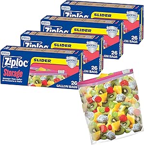کیسه‌های لغزنده ذخیره‌سازی مواد غذایی Ziploc Gallon، فناوری Power Shield برای دوام بیشتر، 26 عدد، بسته 4 عددی (104 کیسه کل)