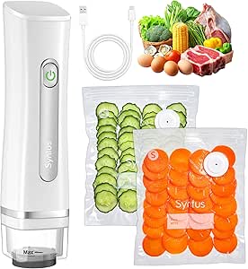 دستگاه سیلر جاروبرقی دستی Syntus، دستگاه سیلر جاروبرقی فشرده با 30 کیسه آب بند وکیوم قابل استفاده مجدد برای نگهداری مواد غذایی، آماده سازی غذا یا Sous Vide، سفید