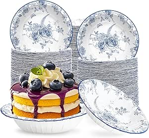 Grencian 100 عدد کاسه کاغذی گل آبی 12 اوزی کاسه دسر گل سفید آبی یکبار مصرف کاسه سالاد سوپ داغ یکبار مصرف کاسه سالاد برای تولد عروس عزیزم لوازم مهمانی چای کریسمس