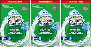 قرصهای کاسه توالت حبابهای تمیزکننده، ریزش مداوم توالت در دیسکها، هر قرص 4 هفته محافظت در برابر لکهها و افزایش حجم، 5 تعداد (بسته 3 تایی) ارائه میکند.