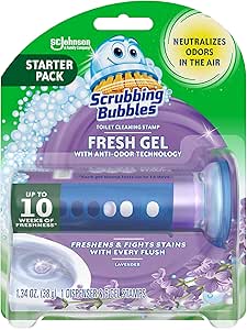 تمبر تمیزکننده کاسه توالت ژل تازه حبابها، کمک به تمیز نگه داشتن توالت و کمک به جلوگیری از آهک و حلقهها، رایحه اسطوخودوس، 1 تلگراف با 6 مهر ژل تازه