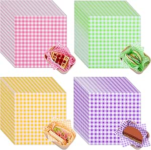 200 عدد واکس واکس شده ورق کاغذ اغذیه فروشی 7 × 7 اینچ بسته بندی انواع سبد غذای شطرنجی، بسته بندی کاغذ ساندویچی 4 رنگ ورقه های بسته بندی اغذیه فروشی ضد روغن برای مهمانی پیک نیک