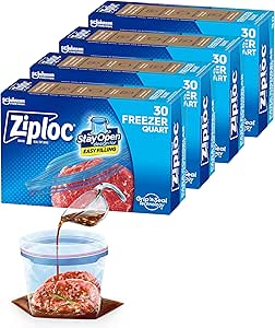 کیسه‌های فریزر ذخیره‌سازی مواد غذایی Ziploc Quart، طرح باز ماندن با پایین ایستاده، پر کردن آسان، 120 کیسه در مجموع