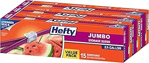 کیسه‌های ذخیره‌سازی جامبو Hefty Slider، اندازه 2.5 گالن، تعداد 15 (بسته 3 عددی)، 45 مجموع