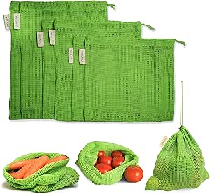 ست 100% نخی 6 عددی کیسه یخچال | کیسه های سبزیجات طبیعی سازگار با محیط زیست برای نگهداری در یخچال و توری توری یخچال کیسه سبزیجات | کیسه توری پنبه ای دوستدار محیط زیست چند منظوره (Neem Green)