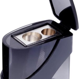 مداد تراش دوقلوی Derwent با ظرف، تراش دو سوراخ برای مداد طراحی و رنگ آمیزی هنرمند، اندازه دو سوراخ 11.5 و 8.25 میلی متر، مداد تراش های فلزی قوی، مشکی، 2306123