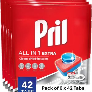 قرص ماشین ظرفشویی اضافی Pril All in 1، 6 x 42 زبانه، حل شدنی سریع، براق کننده درخشان با ضد بوی بد
