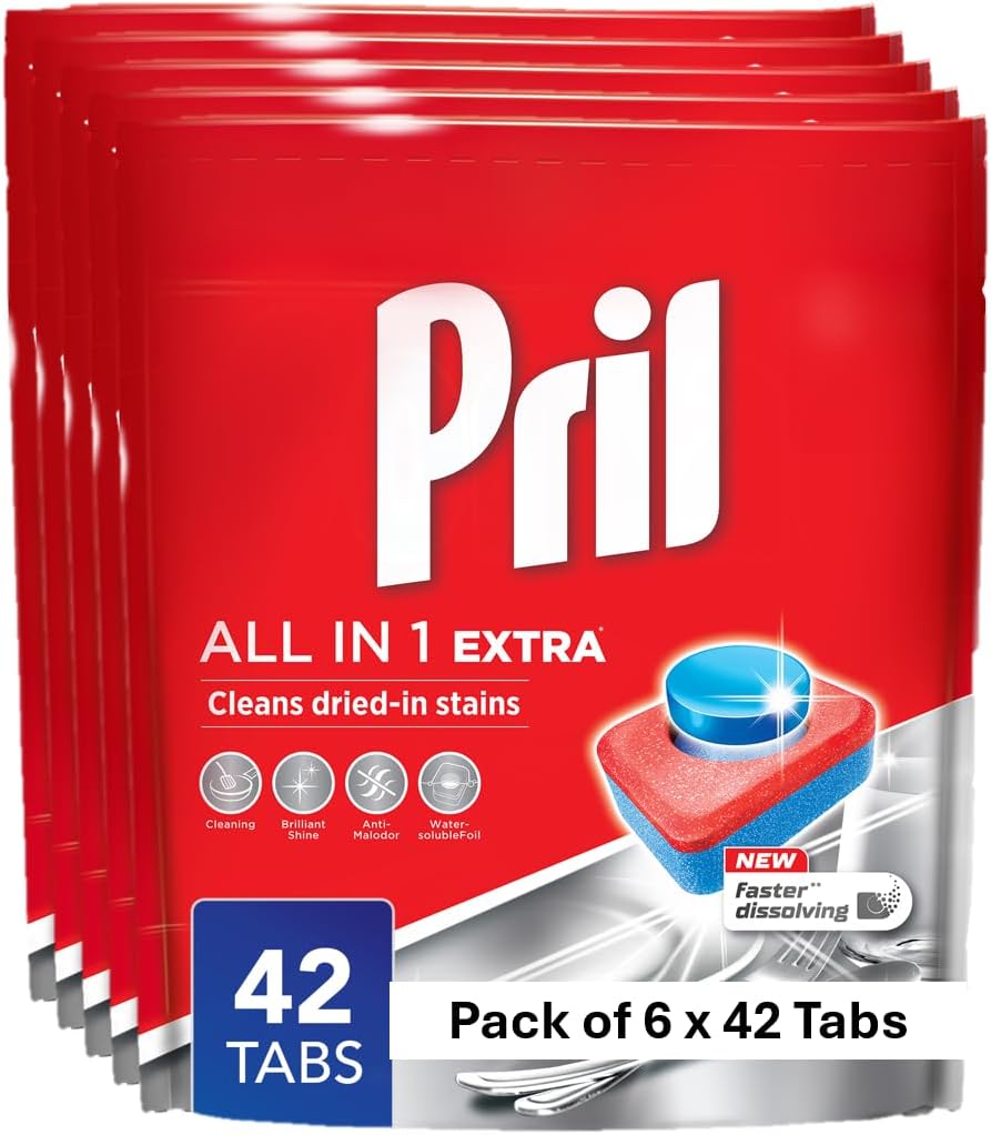 قرص ماشین ظرفشویی اضافی Pril All in 1، 6 x 42 زبانه، حل شدنی سریع، براق کننده درخشان با ضد بوی بد