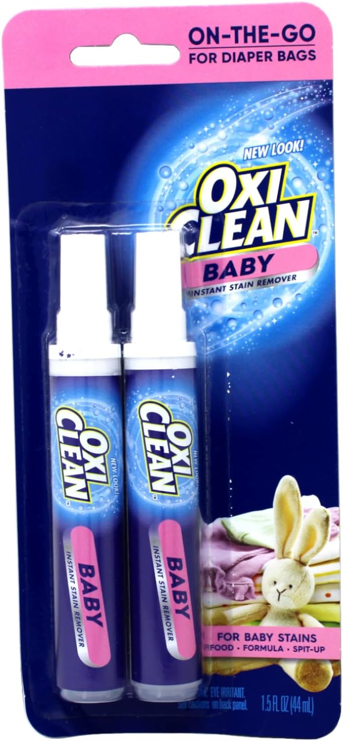 بسته دوقلوی قلم پاک کننده فوری نوزاد OxiClean، هر کدام 0.75 اونس، در حال حرکت برای کیسه های پوشک، فرمول ملایم برای لباس نوزاد، فرمول غذا و لکه های تف کردن، مناسب سفر
