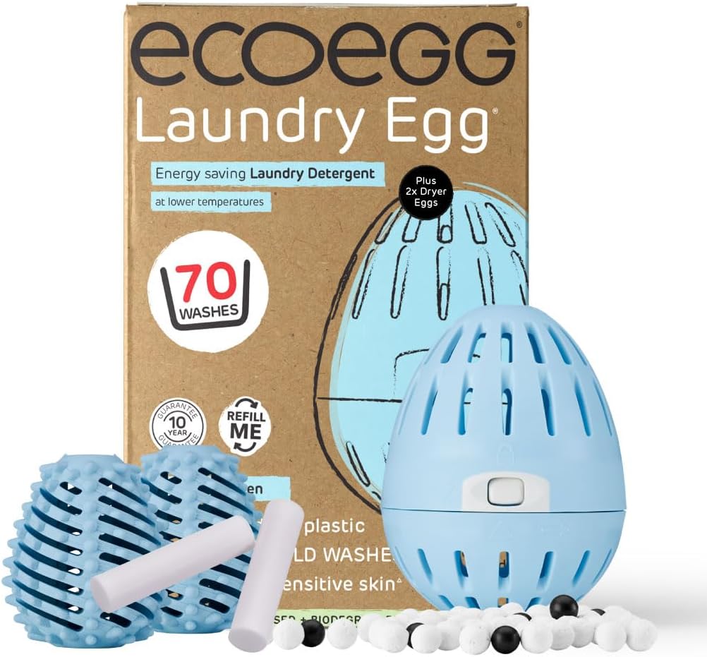 Ecoegg تازه کتانی قابل شارژ مجدد تخم مرغ و توپ خشک کن. تعویض مواد شوینده اکو. بدون بیو، بدون آنزیم، فسفات. 70 شستشو. توپ های خشک کن زمان خشک شدن را کاهش می دهد.