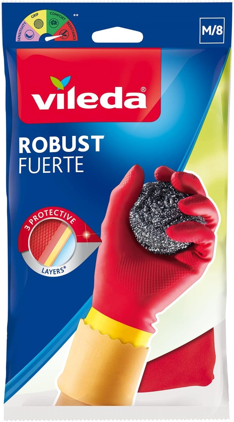 دستکش لاستیکی قوی (محافظت) Vileda M، قابل استفاده مجدد، آستر Comfort Plus، لاتکس و نئوپرن، سنگین، اندازه متوسط، قرمز و زرد (1 جفت در هر بسته)