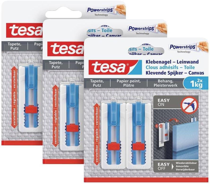 کاغذ دیواری و گچ چسب ناخن tesa 1 کیلوگرمی در بسته 3 تایی - قابل تنظیم ارتفاع - ناخن خود چسب - ایده آل برای فریم بوم و برانکار - تحمل وزن تا 1 کیلوگرم / ناخن - قابل جدا شدن بدون اثر