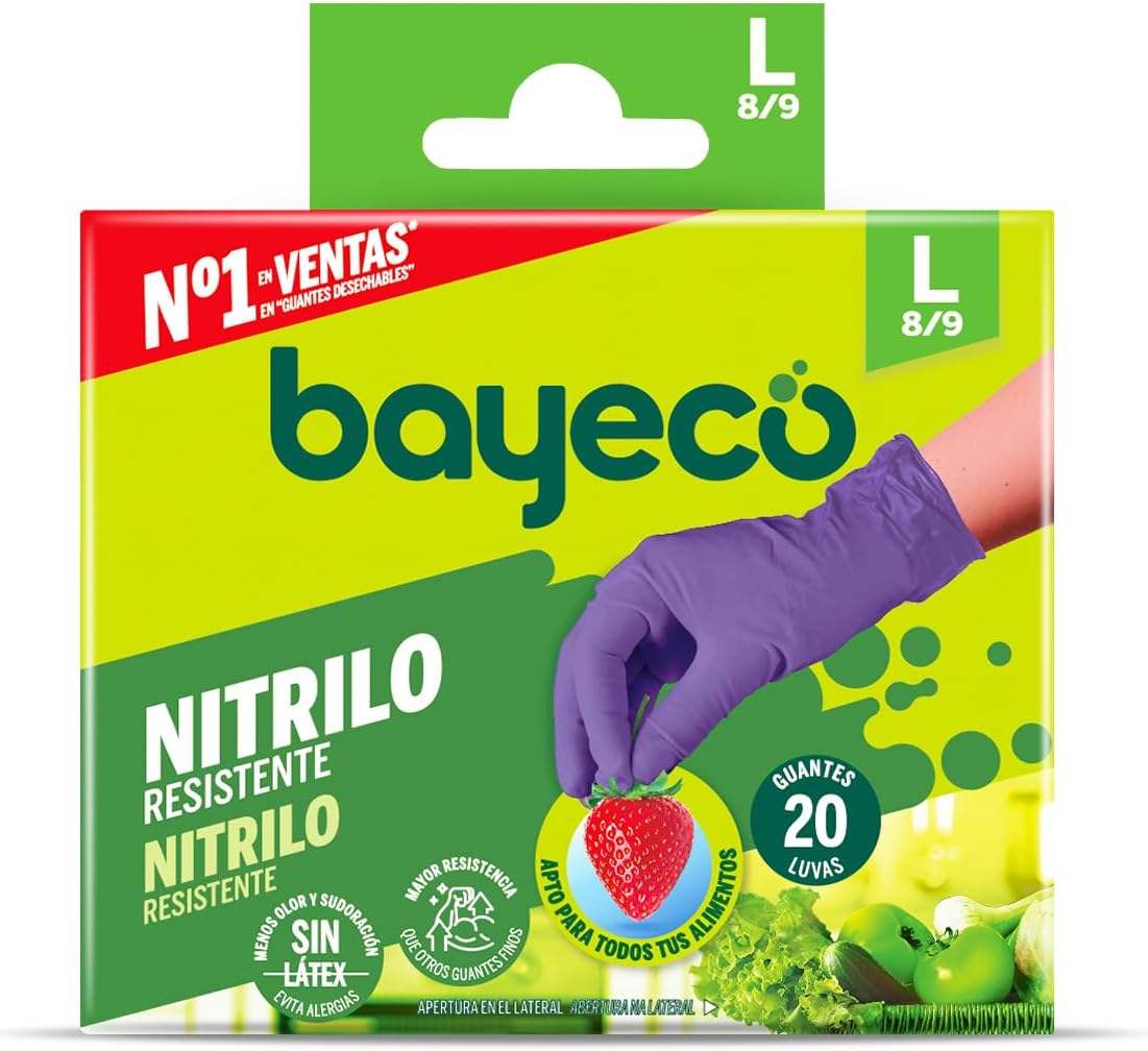 Bayeco - دستکش نیتریل یکبار مصرف - رنگ بنفش - دوسویه - گرد و غبار و لاتکس - انگشتان ساختار یافته برای گرفتن بهتر - تلگراف 20 عددی - سایز L