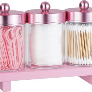 بسته بندی YelaJoy 3 نگهدارنده Qtip – شیشه های داروخانه با درب، سازمان دهنده حمام و سینی قوطی نگهدارنده برای توپ های پنبه ای، سواب، نخ نخ، کش مو، ست دکور حمام صورتی شفاف (صورتی)