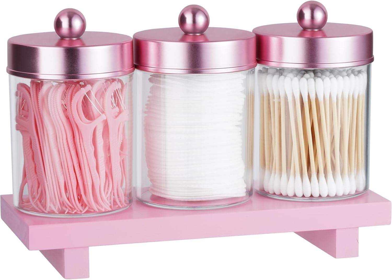 بسته بندی YelaJoy 3 نگهدارنده Qtip - شیشه های داروخانه با درب، سازمان دهنده حمام و سینی قوطی نگهدارنده برای توپ های پنبه ای، سواب، نخ نخ، کش مو، ست دکور حمام صورتی شفاف (صورتی)
