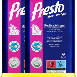 دستمال مرطوب Presto برای سطوح مختلف | 2-in-1 Wipe + Liquid | فرمول آنتی استاتیک | حذف آلودگی | افزایش درخشندگی | 72 دستمال مرطوب (بسته 2 عددی، 144 دستمال مرطوب)