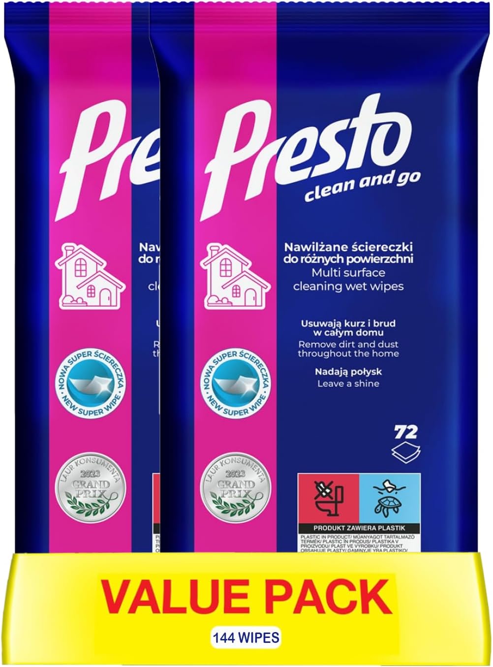 دستمال مرطوب Presto برای سطوح مختلف | 2-in-1 Wipe + Liquid | فرمول آنتی استاتیک | حذف آلودگی | افزایش درخشندگی | 72 دستمال مرطوب (بسته 2 عددی، 144 دستمال مرطوب)