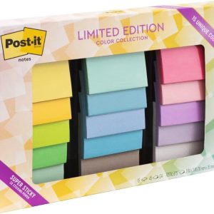 مجموعه رنگهای بسیار چسبنده نسخه محدود Post-it Notes، 3×3 اینچ، 15 پد/بسته، 45 برگه/پد، رنگهای متنوع (654-15SSHOL)