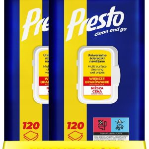 دستمال مرطوب 240 دستمال مرطوب پاک کننده پرستو یونیورسال (2×120) | فرمول پارچه و مایع 2 در 1 | فینیش فوق العاده براق | چند سطحی | آشپزخانه و حمام | بسته راحت قابل آب بندی مجدد