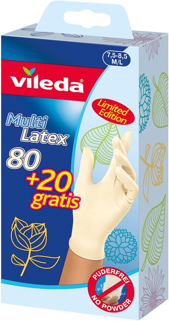 دستکش مالتی لاتکس یکبار مصرف Vileda، بدون پودر، دوسویه، متوسط/بزرگ، بسته 100 عددی، سفید