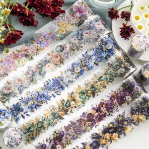 مجموعه نوار واشی گل، نوار چسب تزئینی PET گل وینتیج 6 رول برای کتاب‌خوانی، ژورنال‌نگاری، کارت‌سازی، صنایع دستی و لوازم تزئینی پلانر (هر رول 50 میلی‌متر در 2 متر)